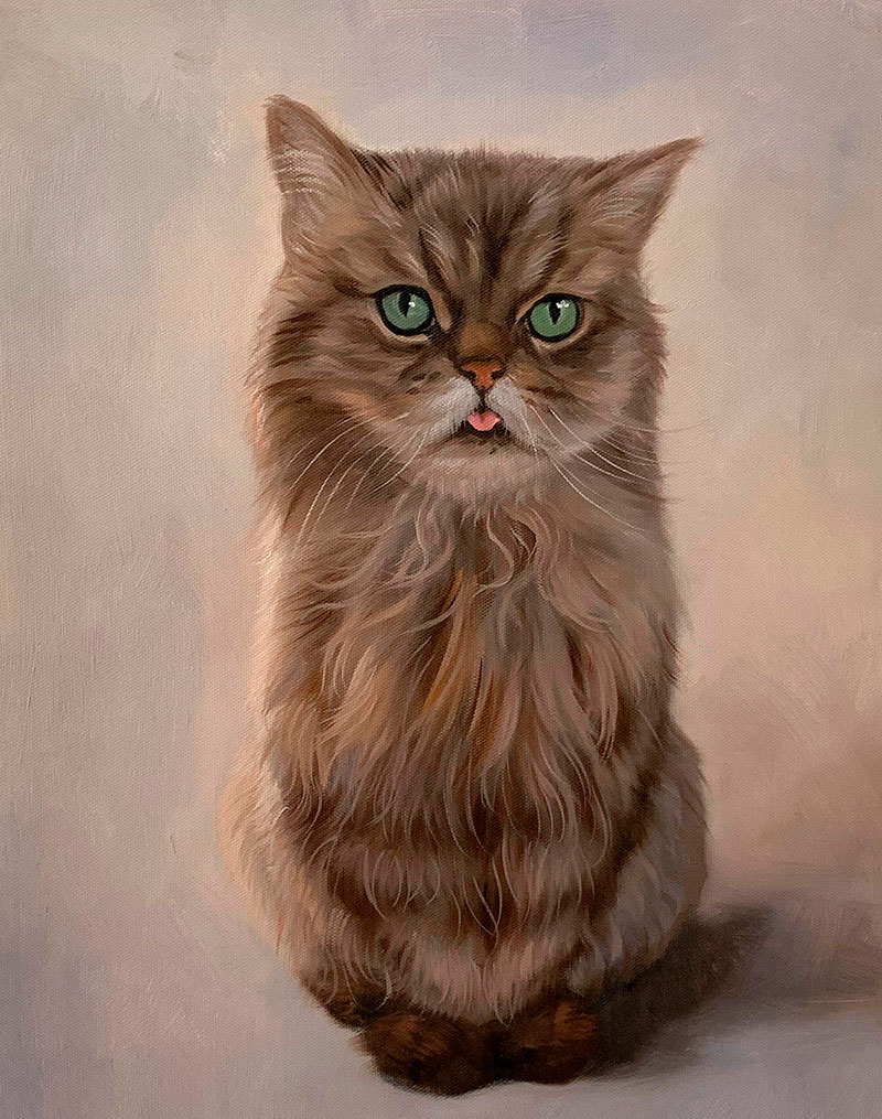 Painting of a longhaired brown cat with green eyes and tongue out