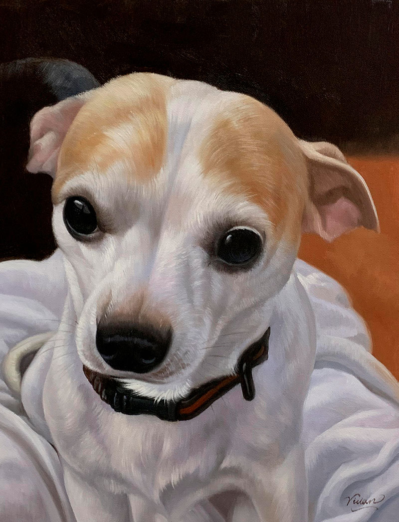 Painting of a white and tan chihuahua wearing a collar.