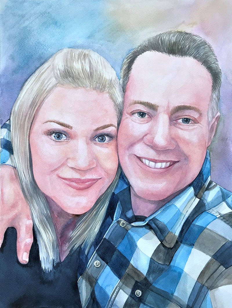 Personalized watercolor painting of a smiling couple