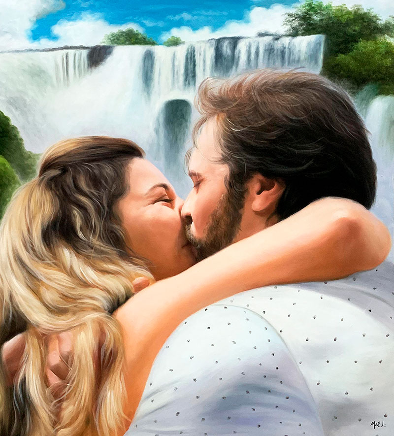 Gorgeous handmade oil painting of a kissing couple