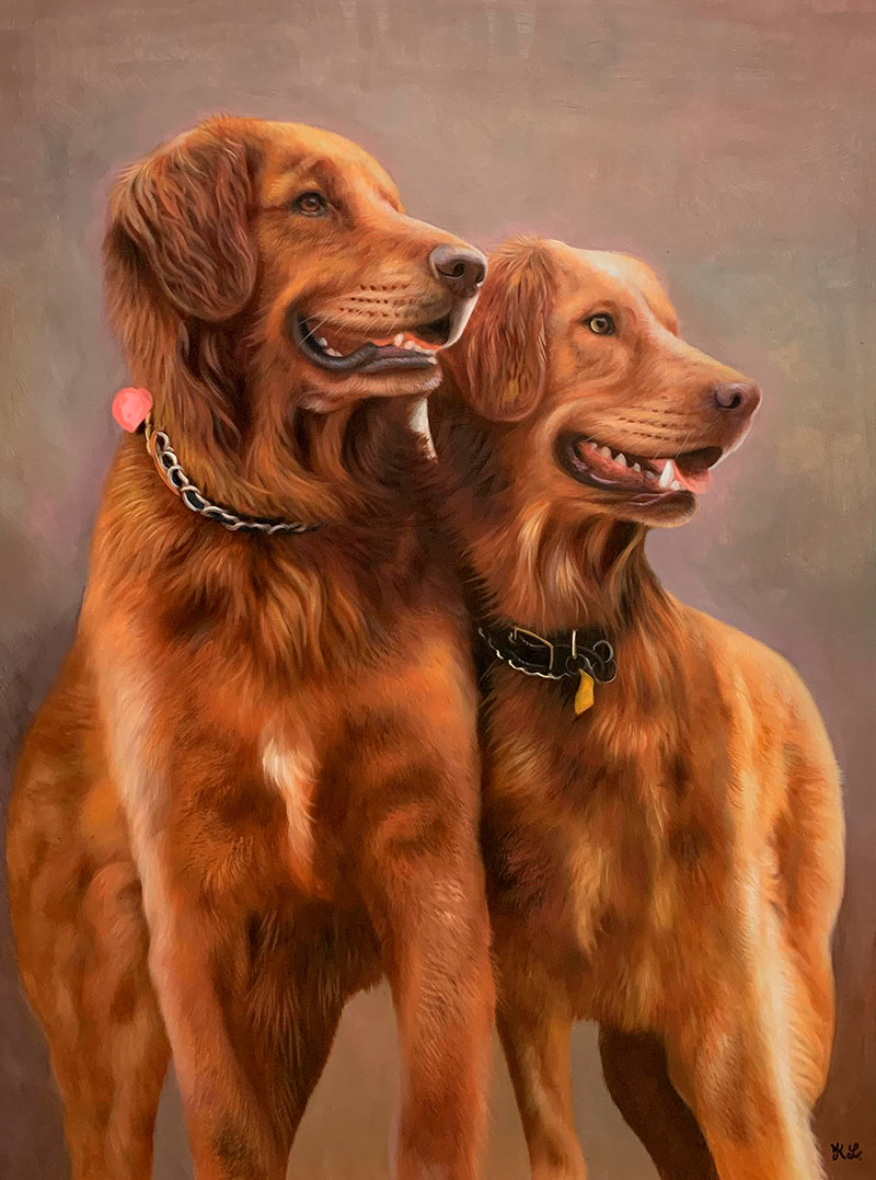 Hyper realistic oil painting of two dogs