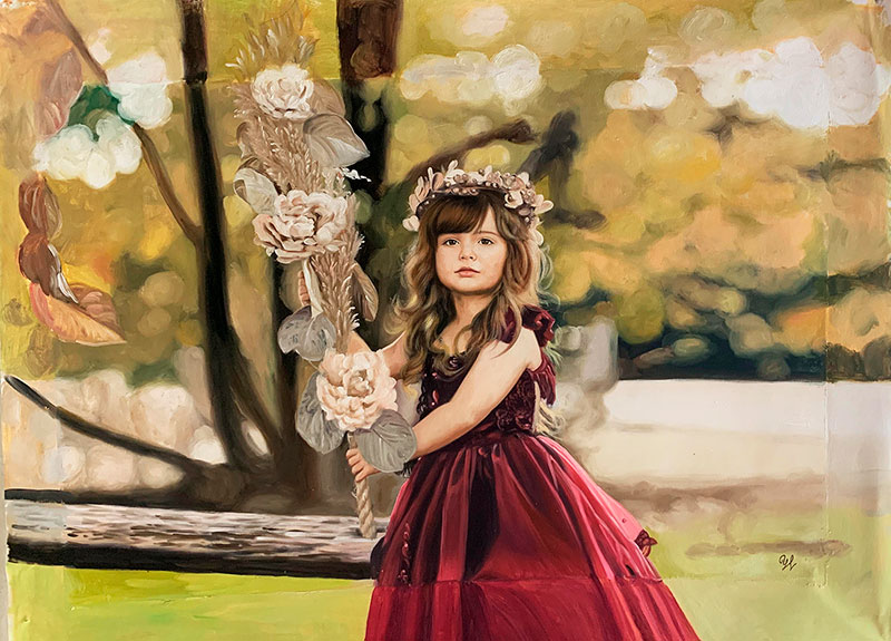 Painting of a girl in a burgundy dress holding dried flowers