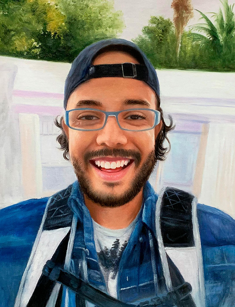 Close up acrylic portrait of a man with a cap