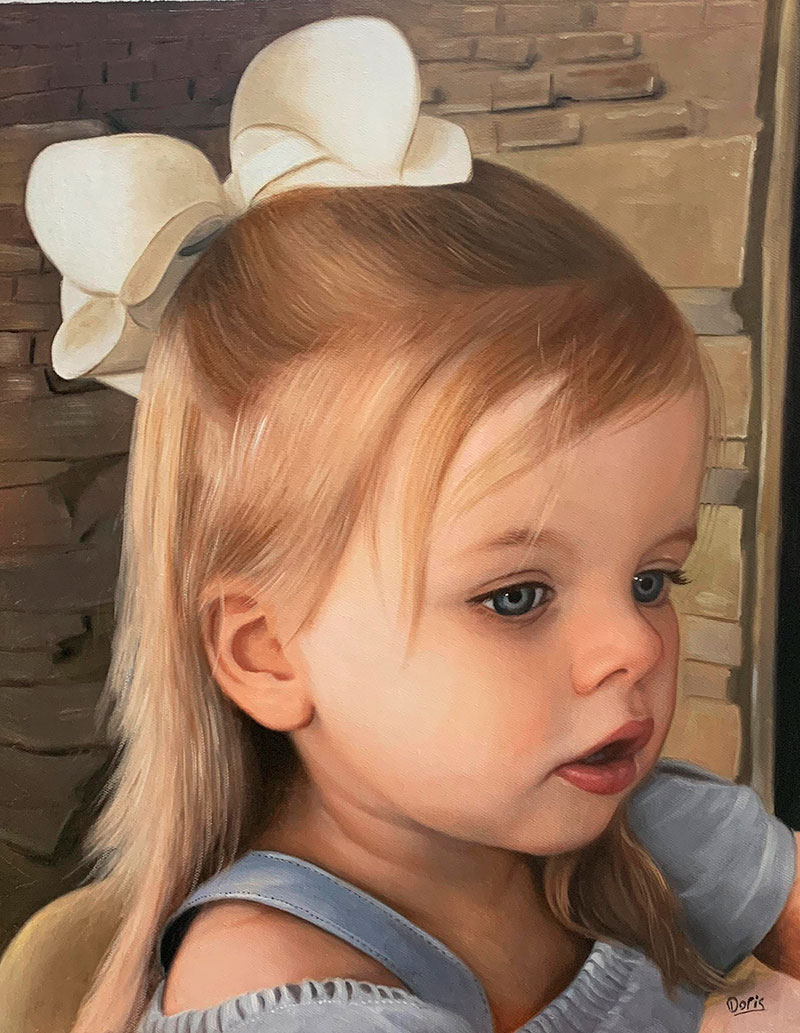 Gorgeous hand drawn oil painting of a girl with a bow