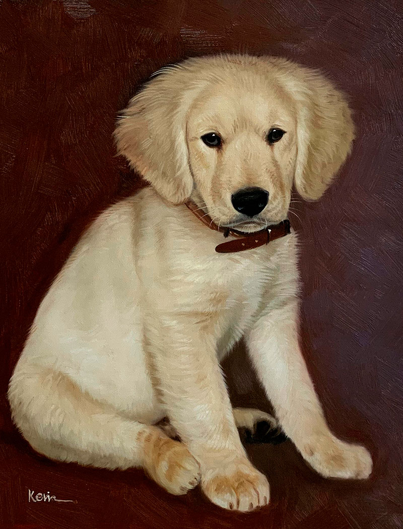 Custom oil painting of a puppy with a solid background
