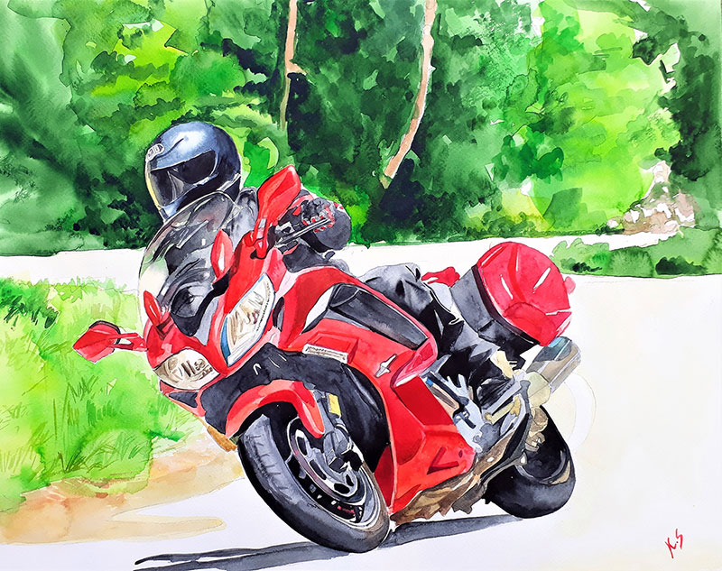 Custom watercolor painting of a man riding a motorbike