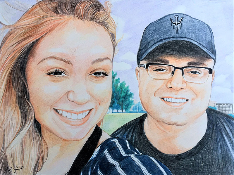 Beautiful color pencil painting of a happy couple