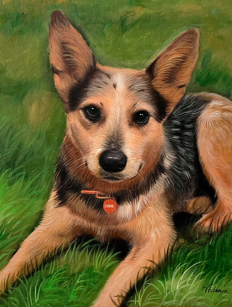 Painting of Dixie, a tan and black dog, lying in the grass.