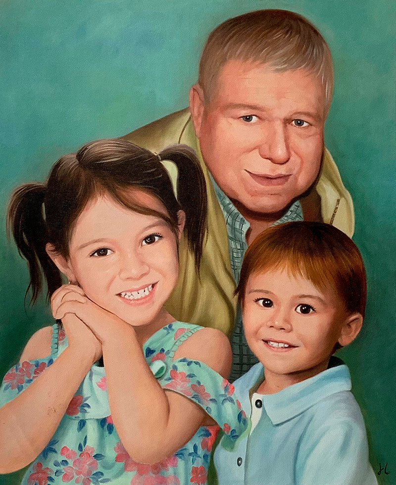 Beautiful oil painting of a grandfather and two kids