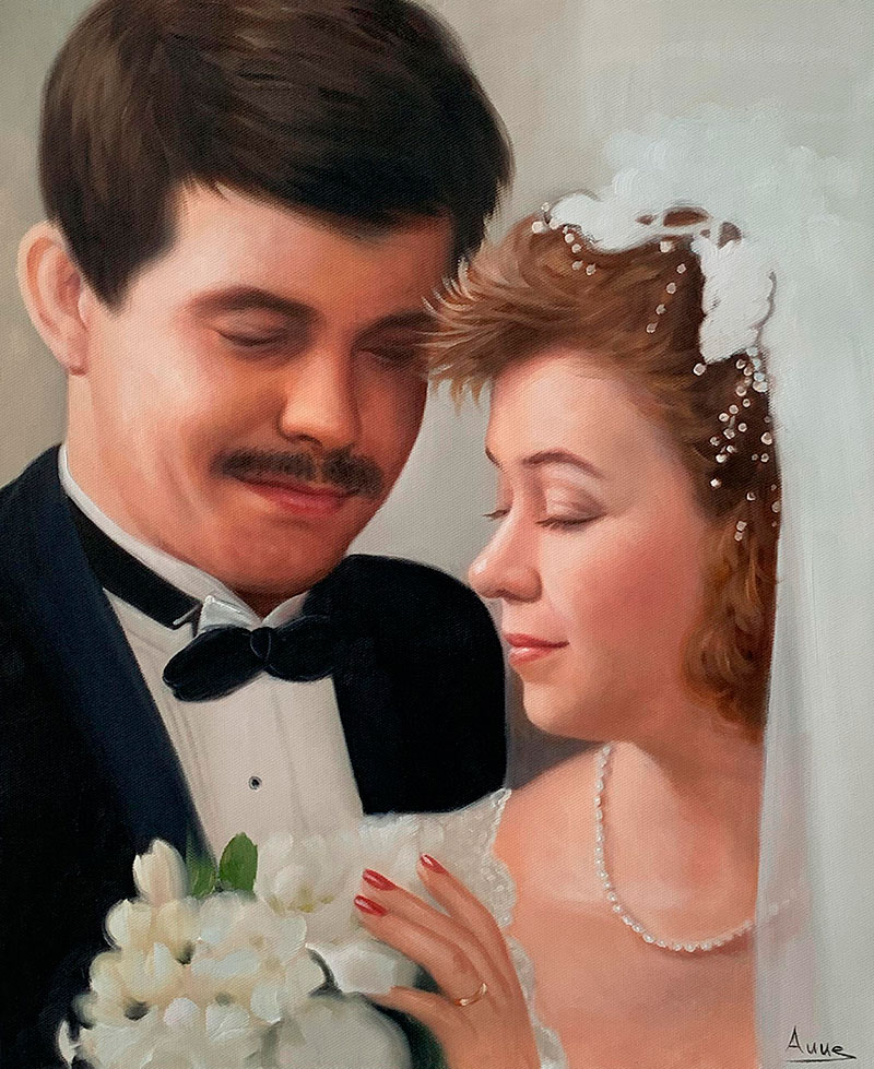 Beautiful oil painting of a bride and a groom