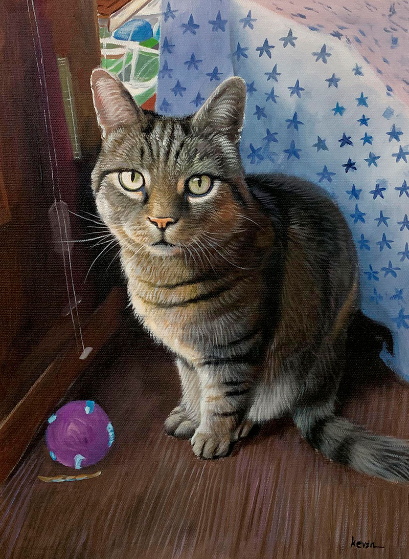Painting of a tabby cat sitting next to a purple ball.