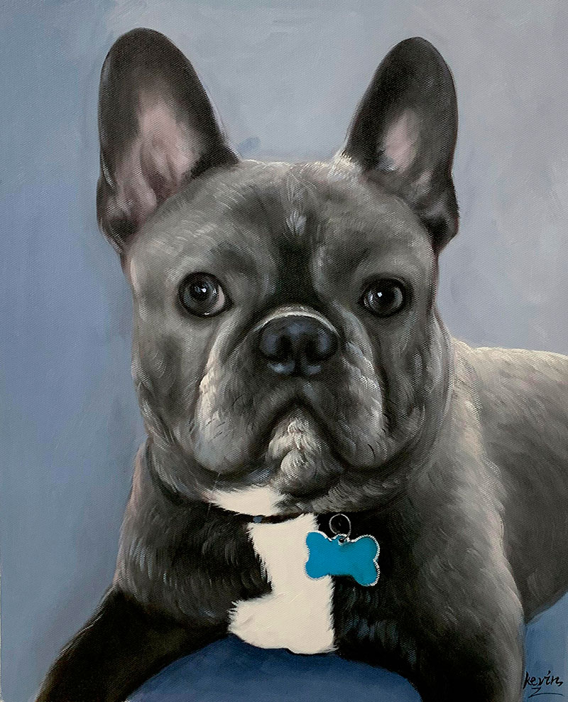 Painting of a gray French bulldog wearing a blue bone-shaped tag.