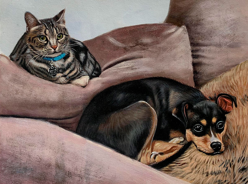 Painting of a tabby cat and a small dog resting on mauve cushions.
