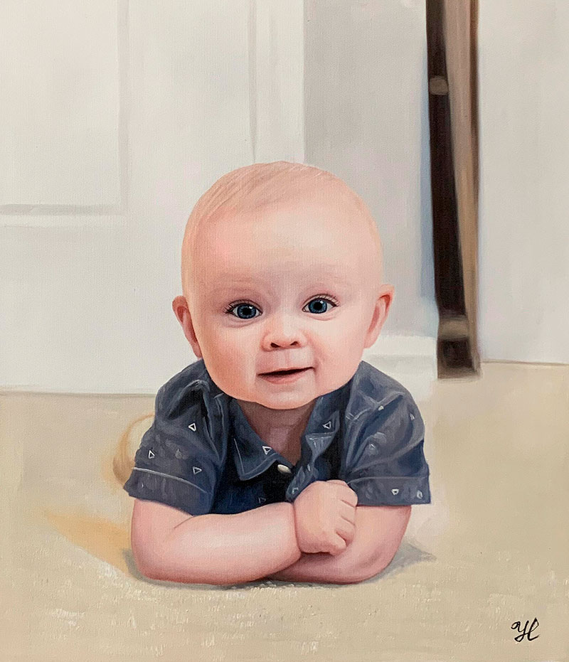 Oil painting of a baby lying on its stomach