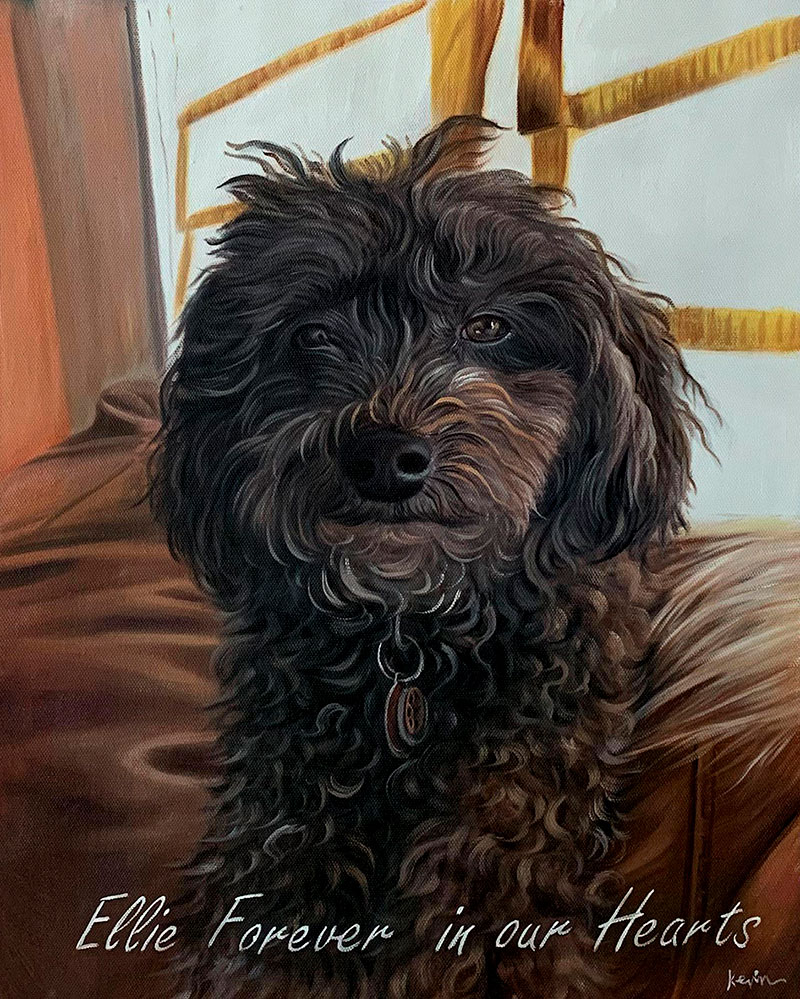 Painting of a dark brown curly-haired dog, Ellie.