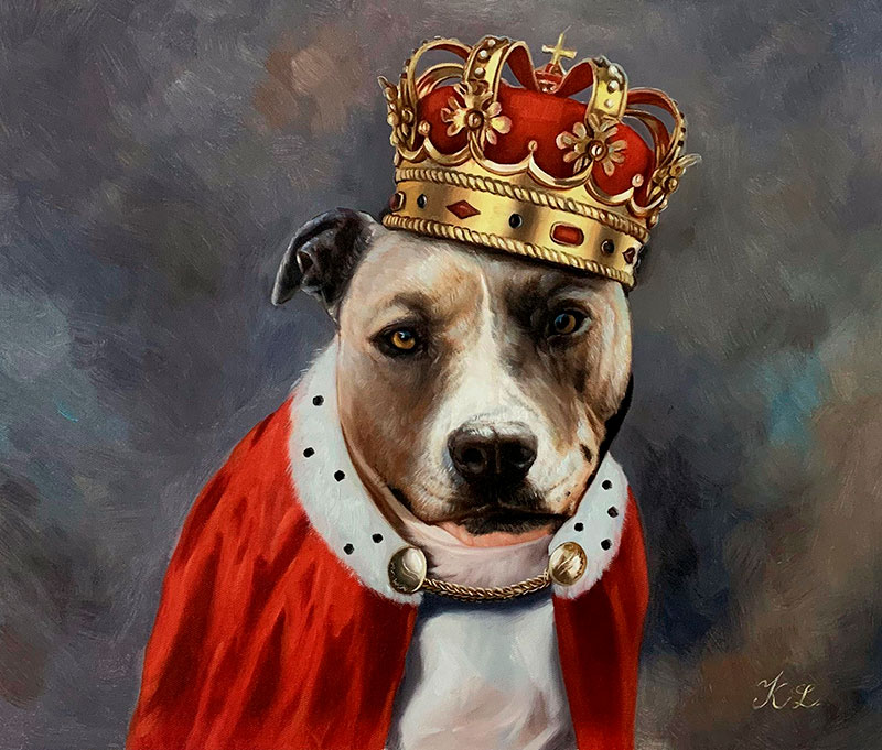 Painting of a dog wearing a crown and royal robe