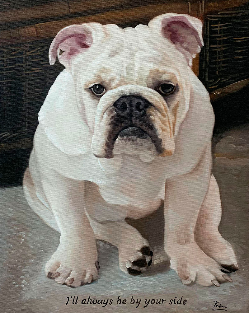 Painting of a white bulldog sitting down.
