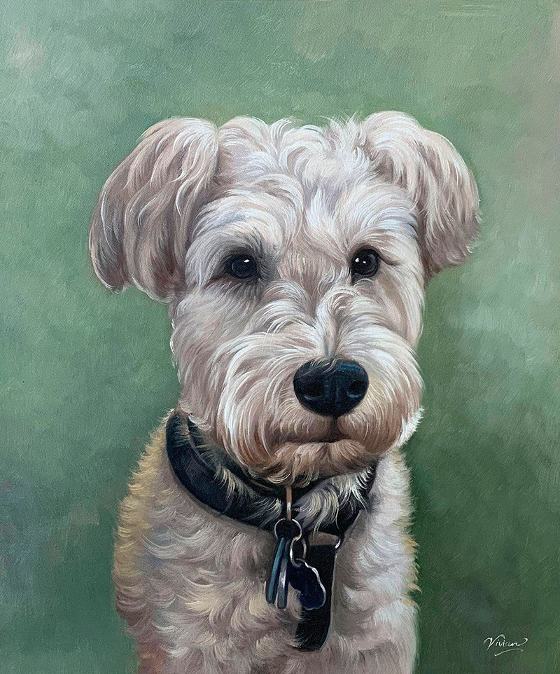 Painting of a fluffy white dog wearing a black collar.