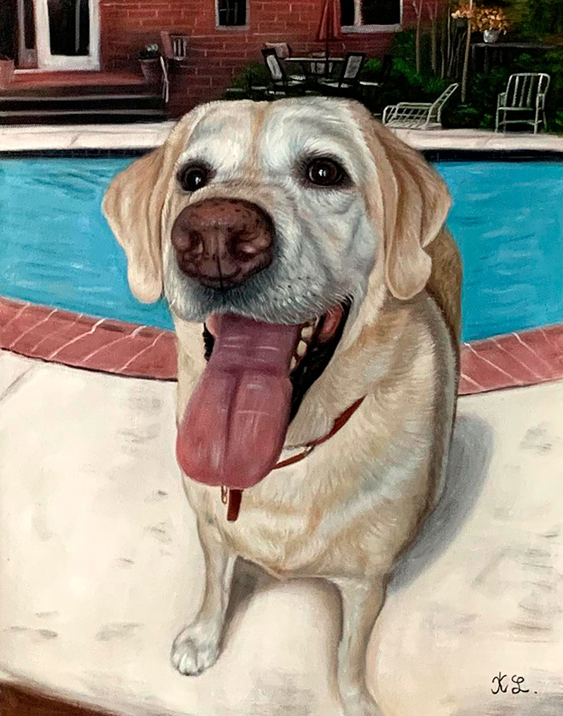 Painting of a happy yellow Labrador Retriever by a pool
