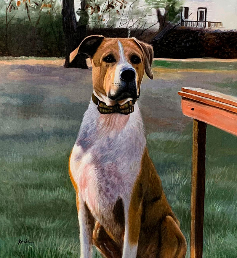 Painting of a brown and white dog wearing a bow tie, sitting in a grassy area near a wooden table.