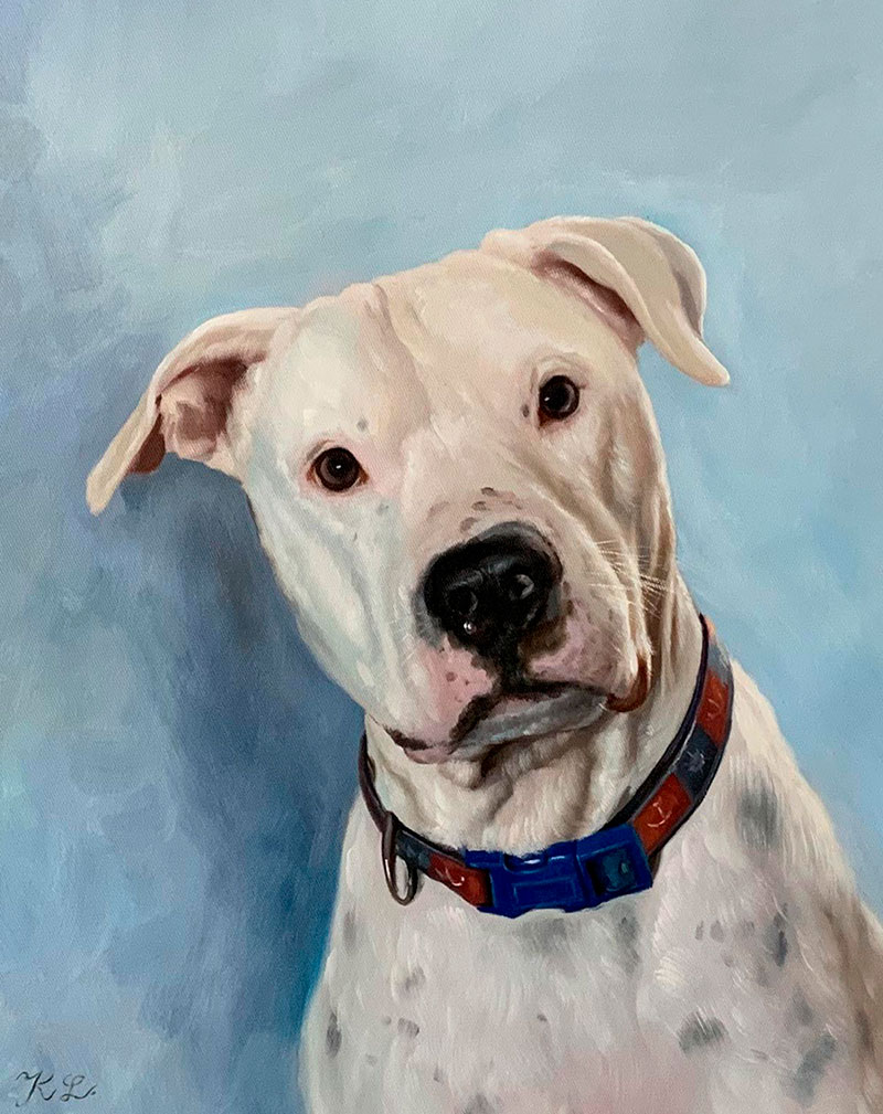 Painting of a white pit bull wearing a blue and red collar