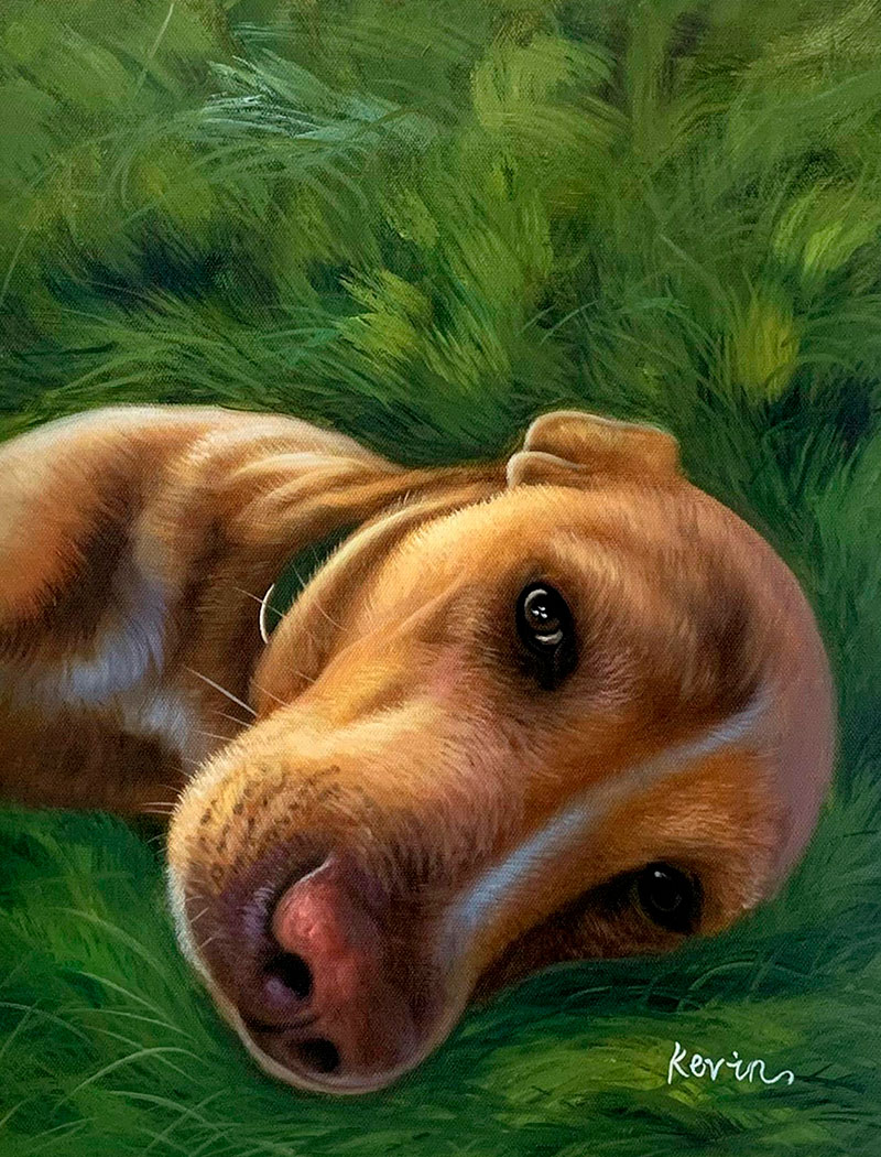 Painting of a light brown dog lying in green grass.