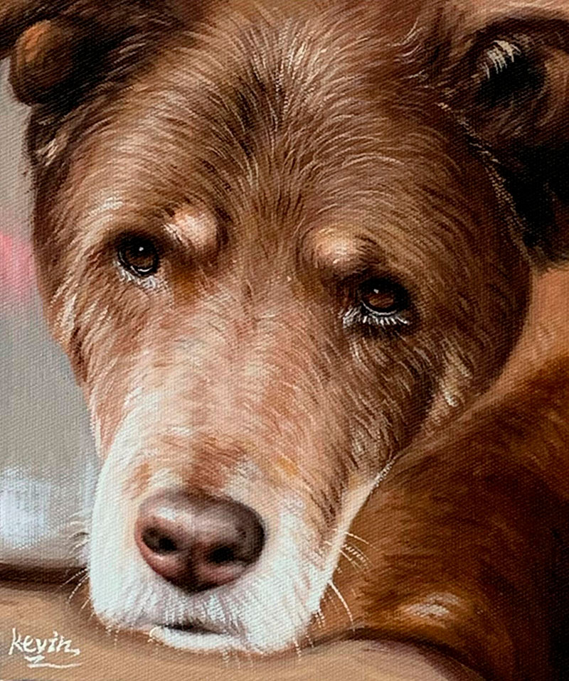 Painting of a brown dog resting its head.