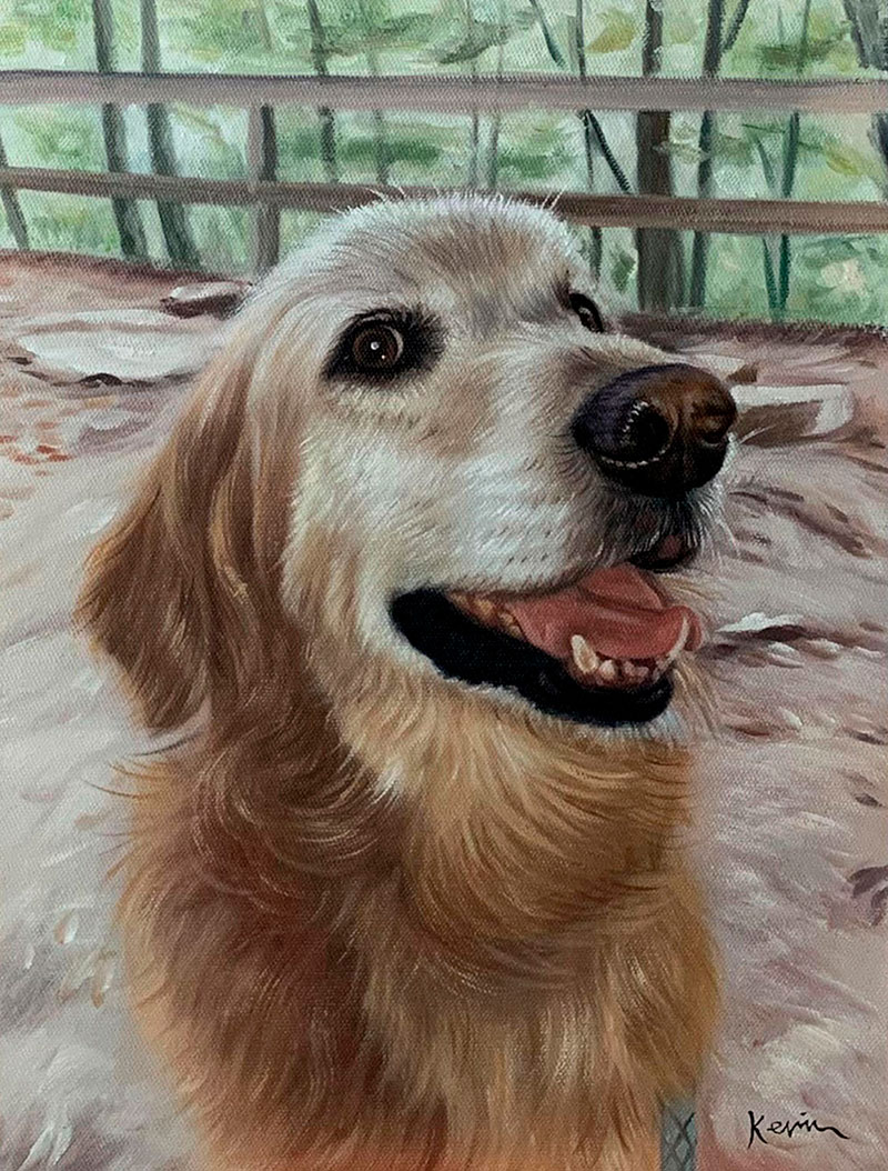 Painting of a happy Golden Retriever.