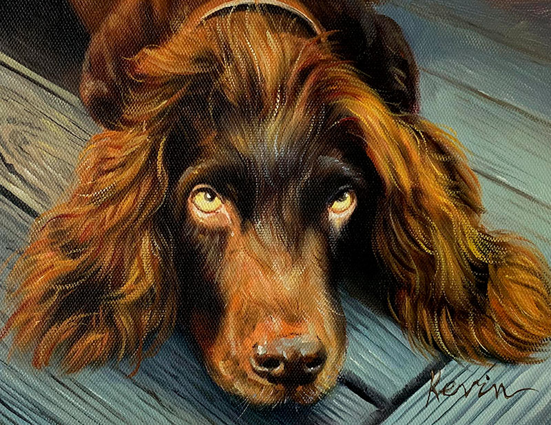 Painting of a brown dog lying on a wooden surface.