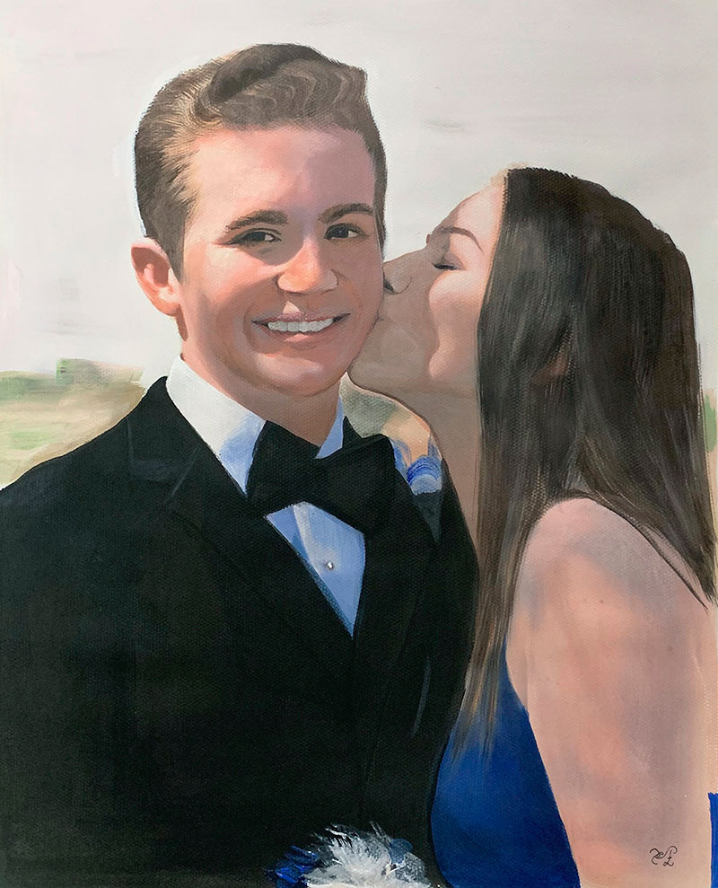 Beautiful pastel painting of a kissing couple