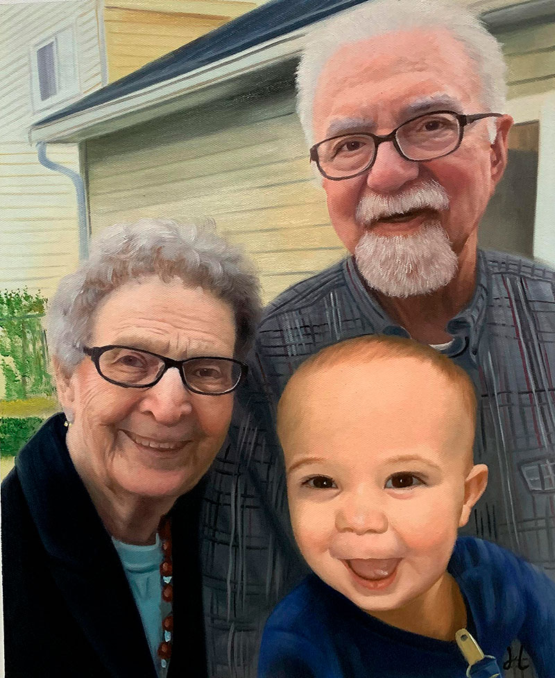 Beautiful oil painting of the grandparents and a grandson