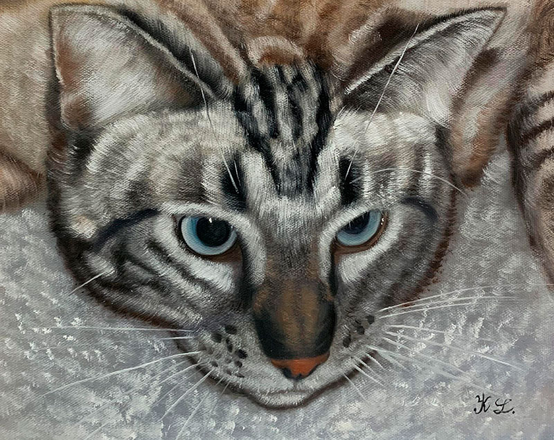 Close up oil painting of a cat with the blue eyes