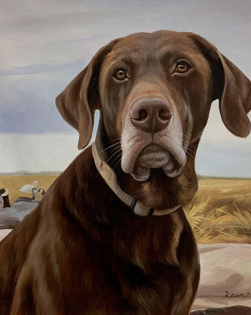 Close up handmade oil artwork of a dog