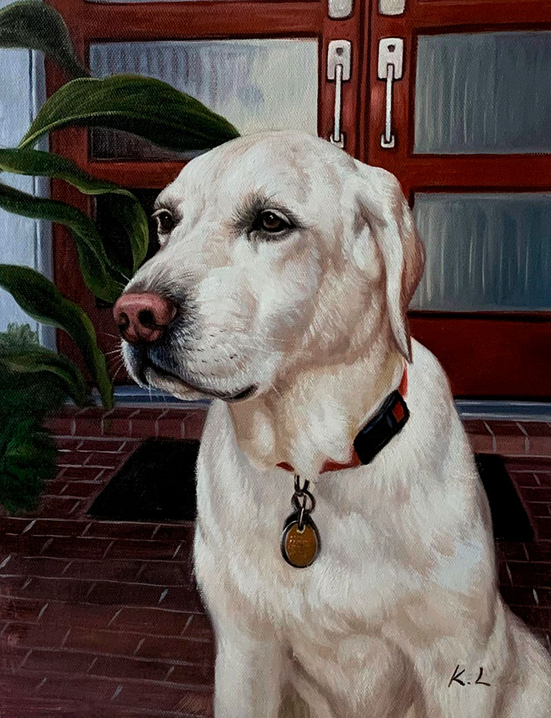 Painting of a yellow Labrador Retriever sitting on a brick porch.