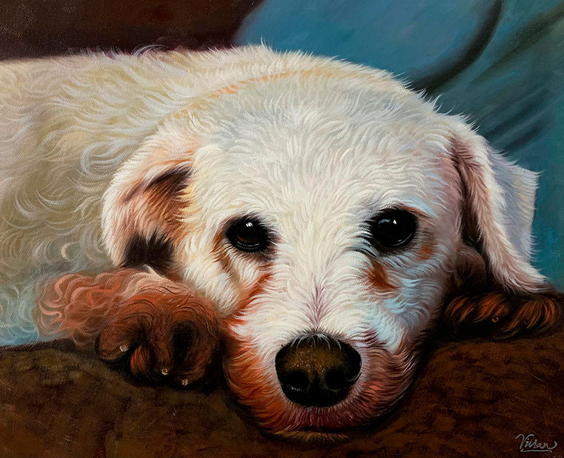 Painting of a fluffy white dog with tan paws resting its head on a brown surface.