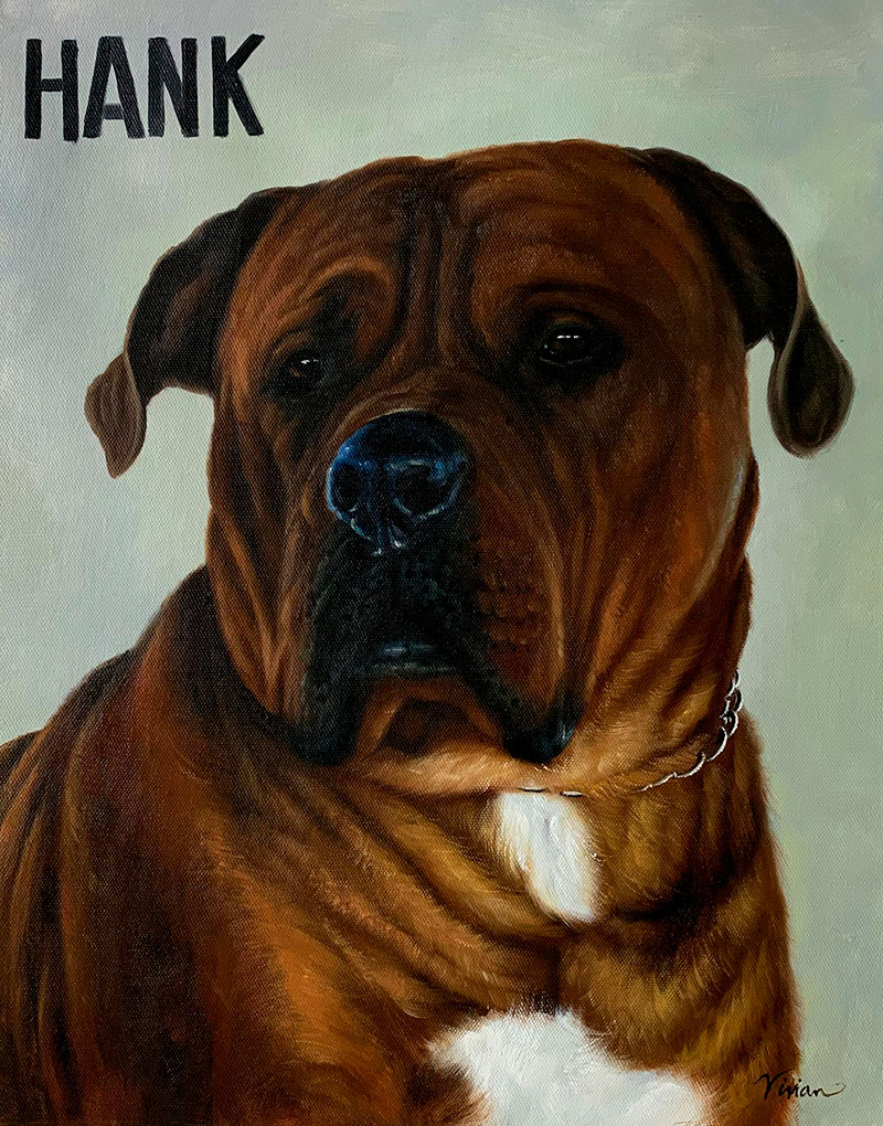 Painting of Hank, a brown dog with a serious expression.