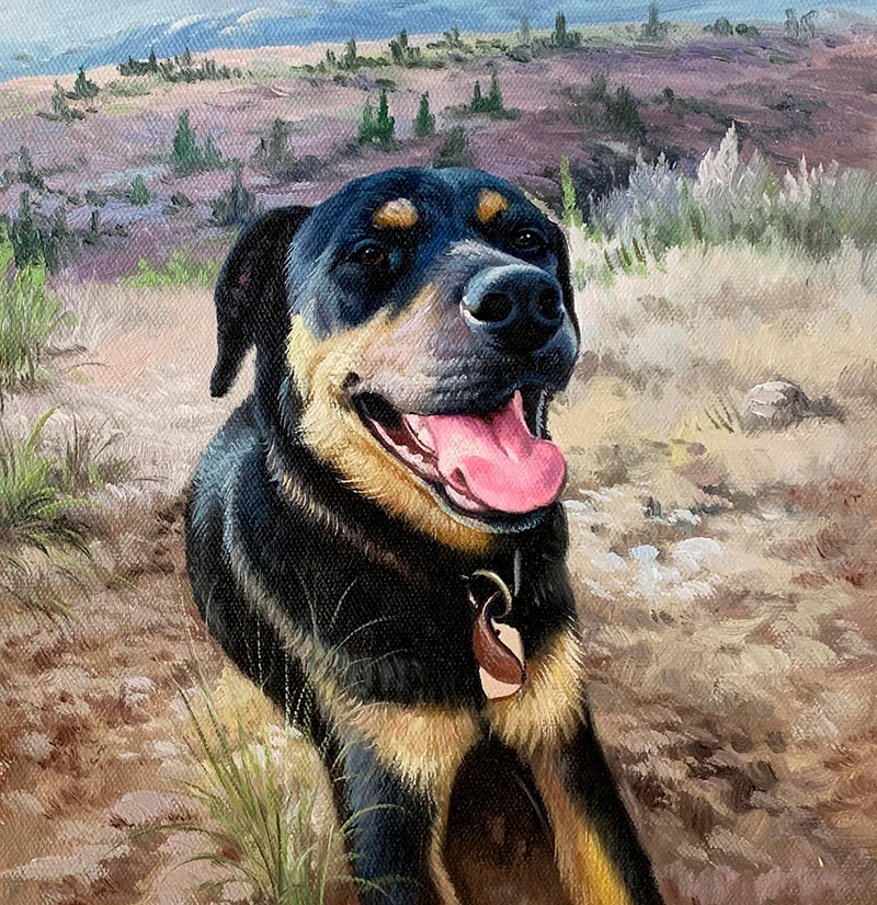 Painting of a happy Rottweiler in a landscape