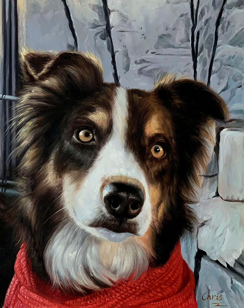 Painting of a border collie wearing a red scarf