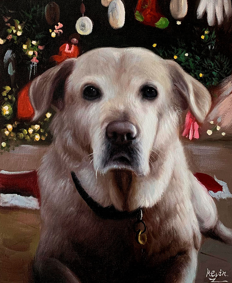Painting of a yellow Labrador Retriever in front of a Christmas tree.