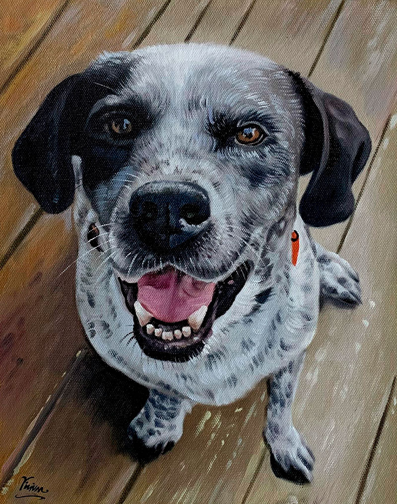 Painting of a smiling, gray and white dog with black ears sitting on a wooden deck