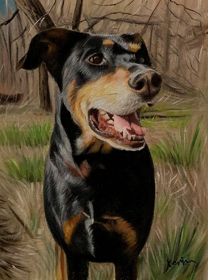 Painting of a Doberman Pinscher in a field.