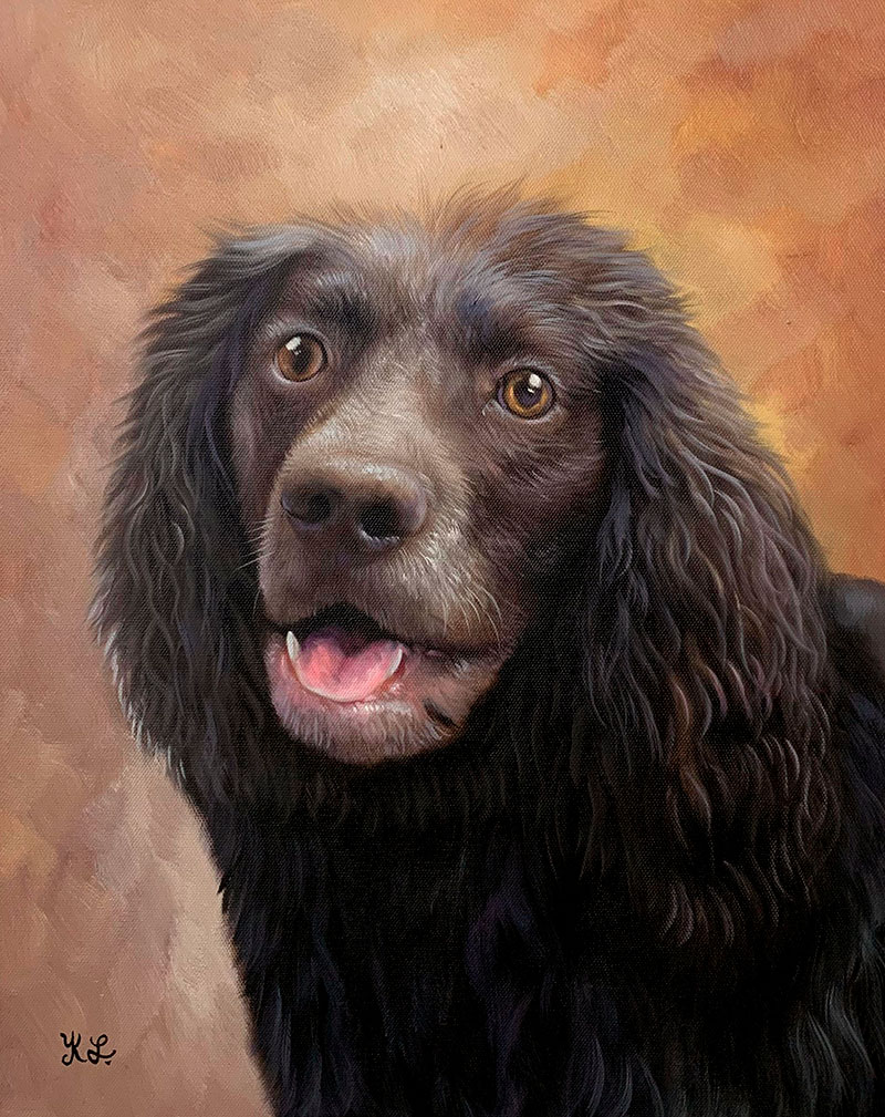 Painting of a brown curly-haired dog