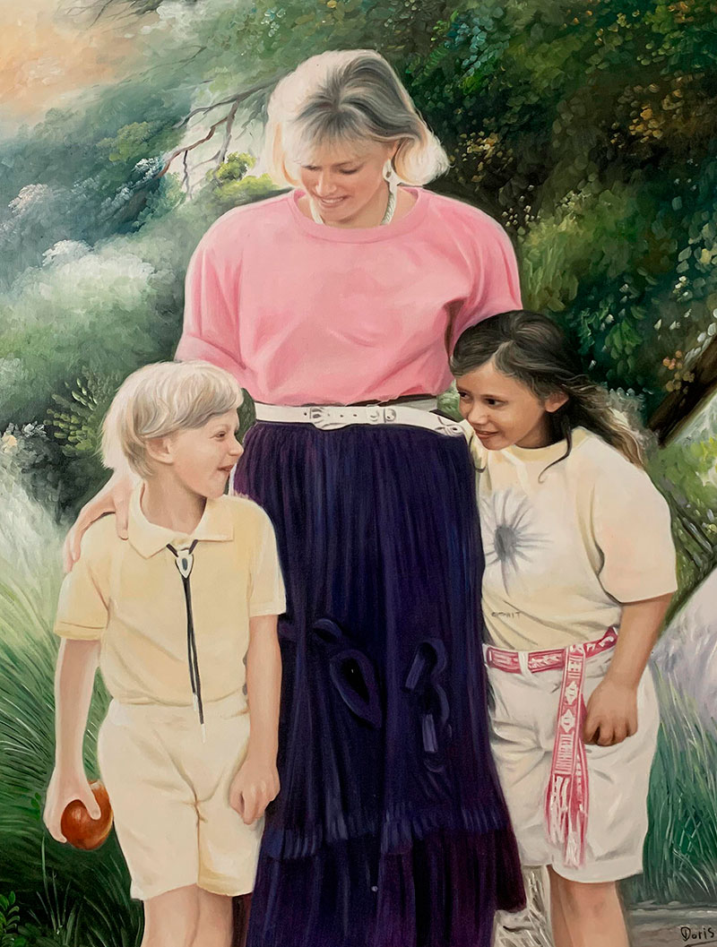 Beautiful oil painting of a mother and children