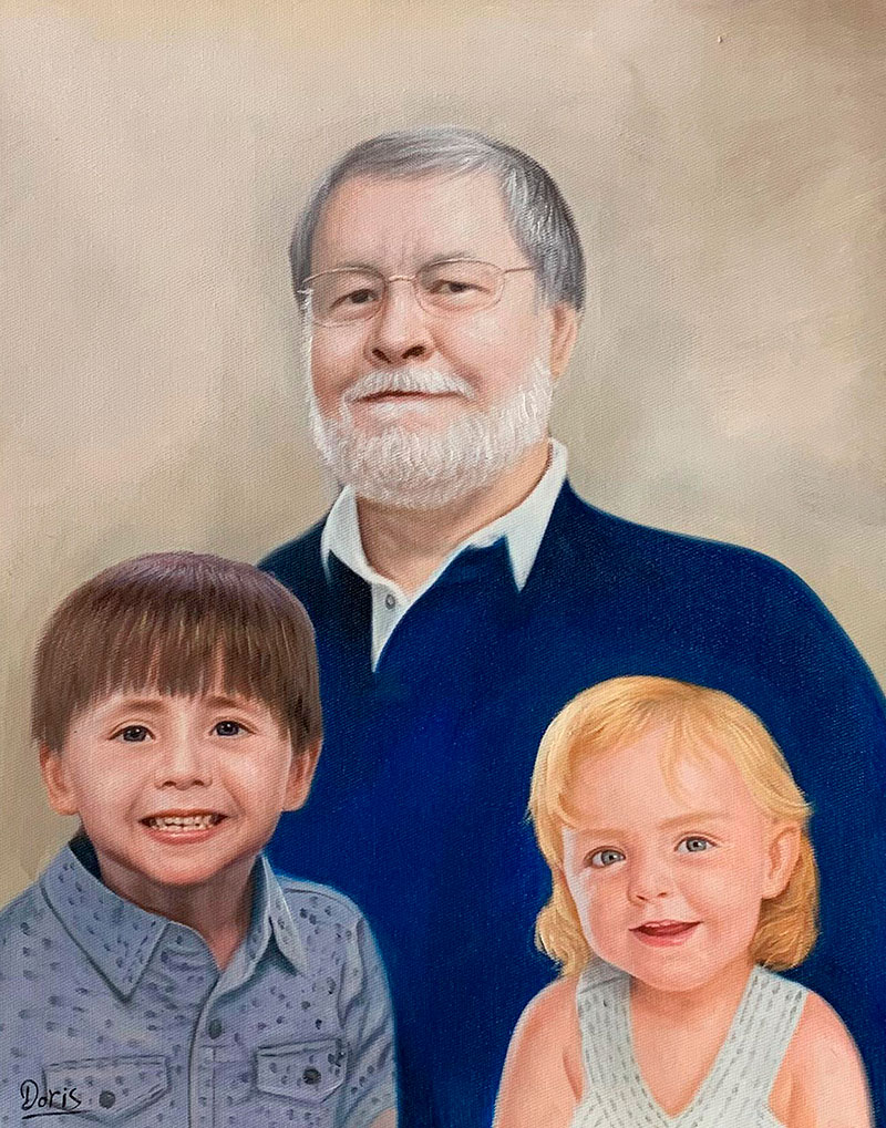 Custom oil painting of a grandfather and grandchildren