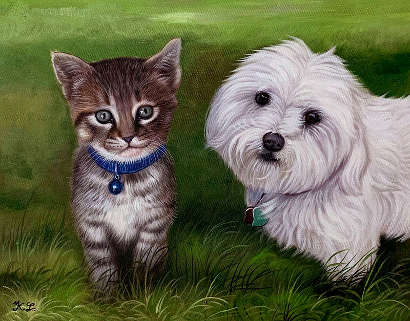 Painting of a kitten and a small white dog sitting in the grass