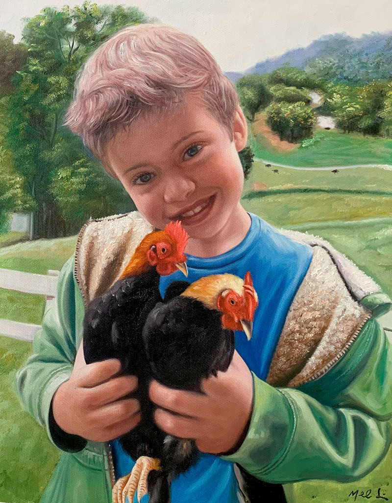 Painting of a smiling boy holding two bantams in a rural setting.