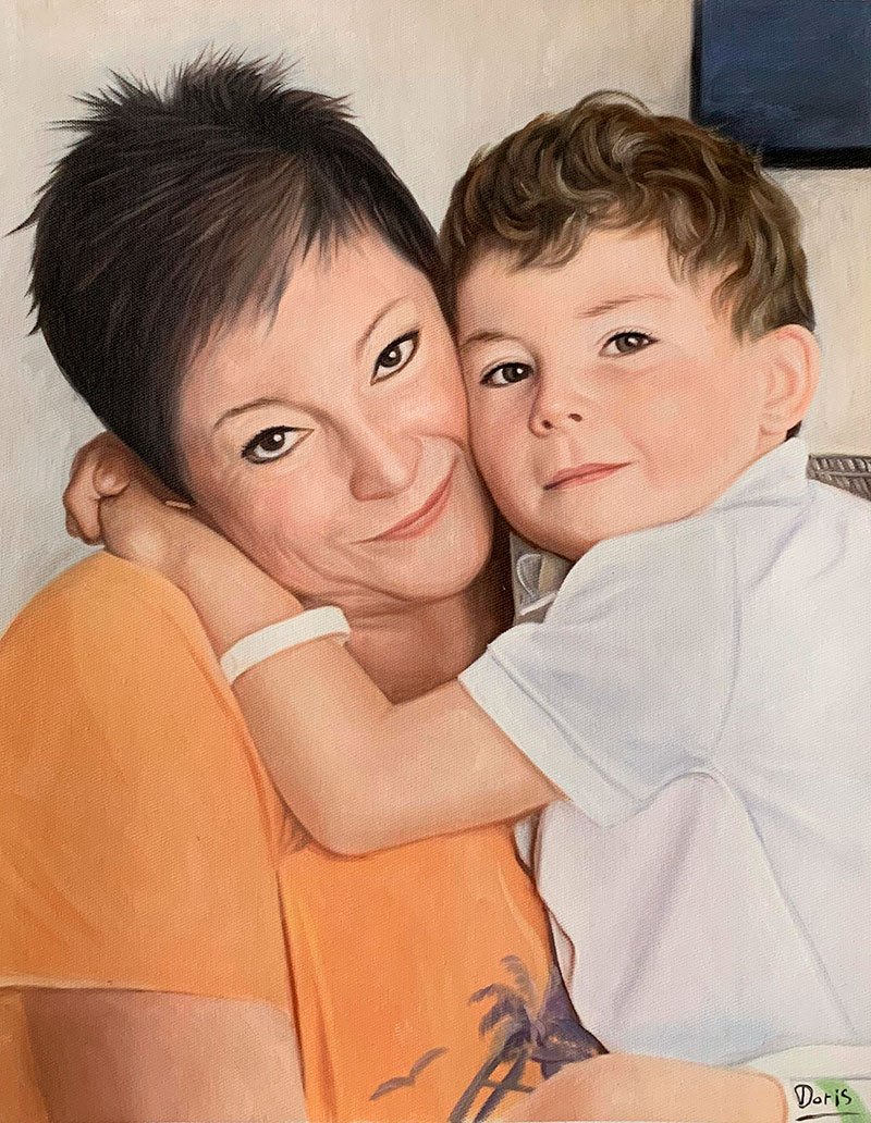 Gorgeous handmade oil artwork of a mother and a son
