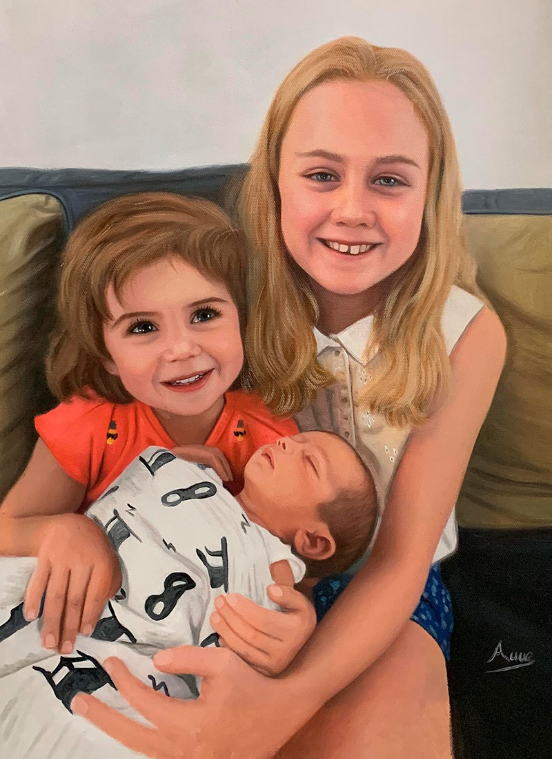 Custom handmade oil painting of three children
