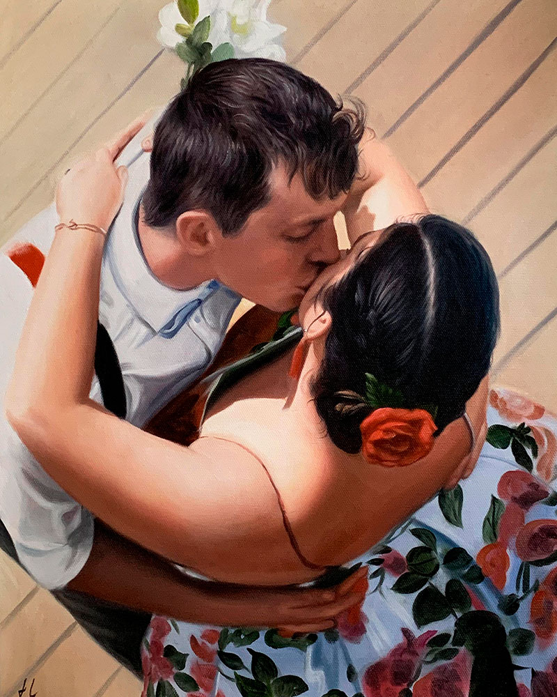 Gorgeous oil artwork of a kissing couple