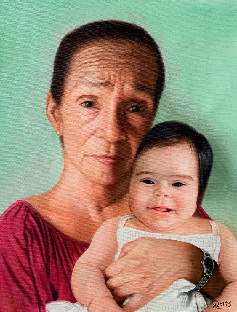 Custom oil painting of a lady with a baby